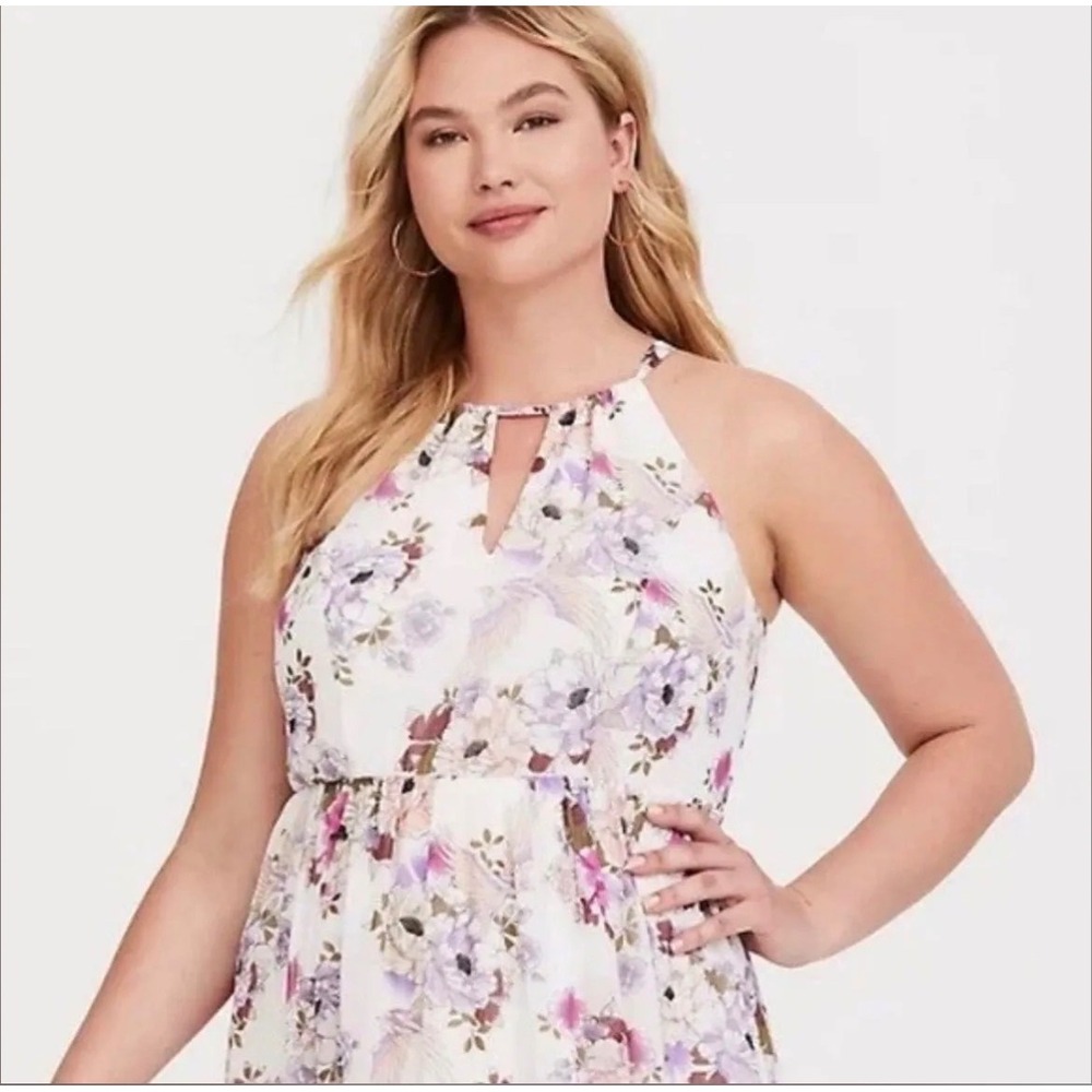 Torrid Floral Chiffon Halter Keyhole Dress Purple Pink Bird Print Plus Size 00 M